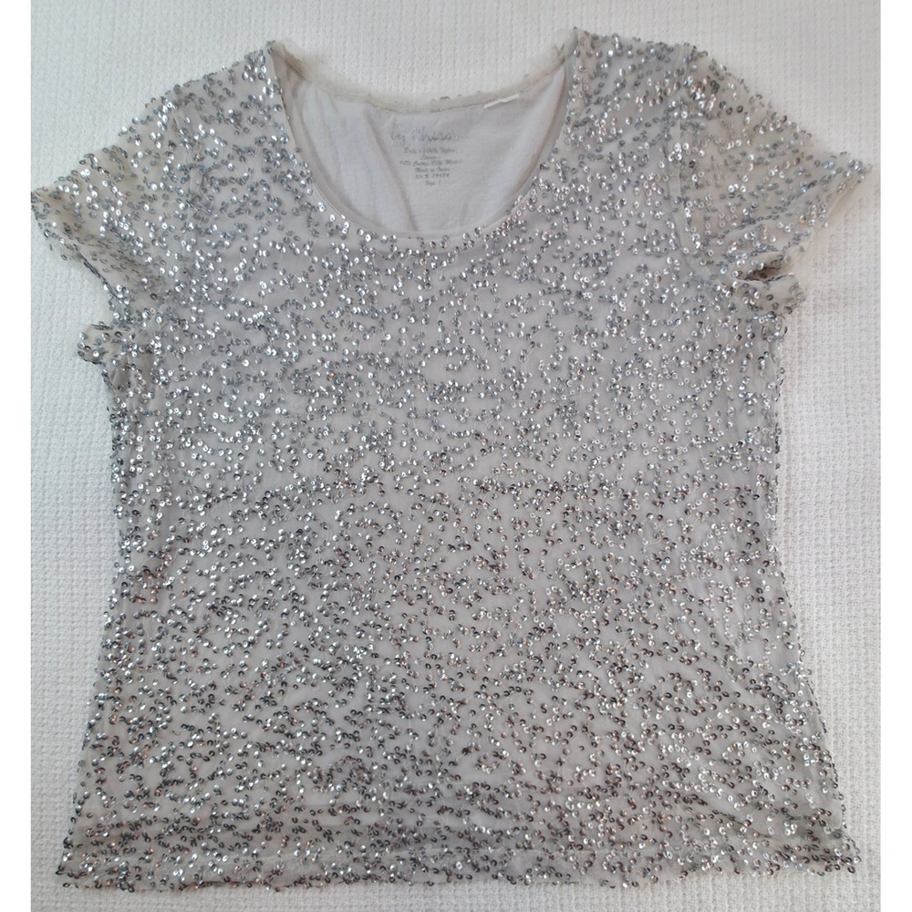 Chico's Sequin Top Women Size 1 Silver Short Sleeve Blouse Mesh Overlay Sparkle